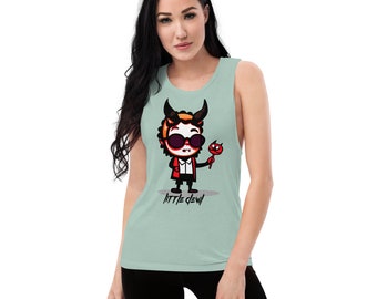 Camiseta sin mangas Little Devil para mujer – Diseño divertido de diablita, corte holgado, estampado DTG
