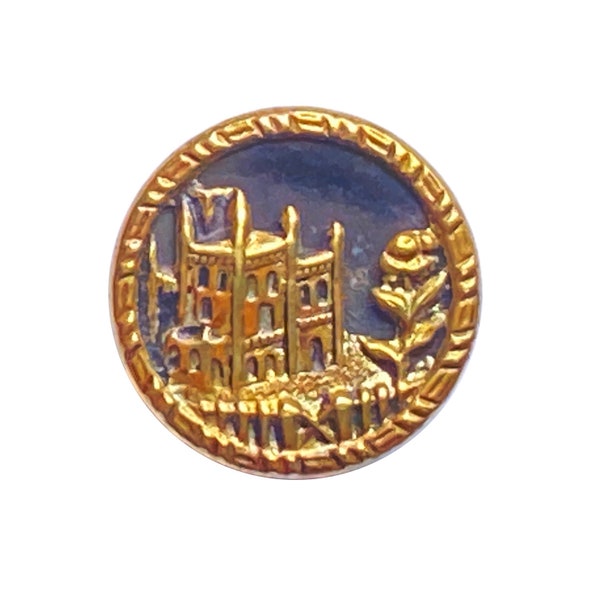 Brass Picture Button, Large House with Fence