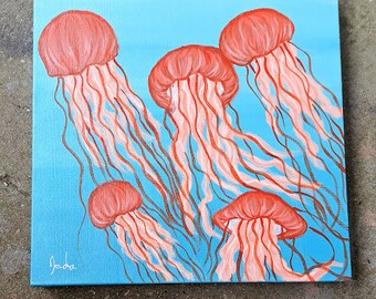 Red Jellyfish Acrylic Painting Sea Creatures Beach Decor