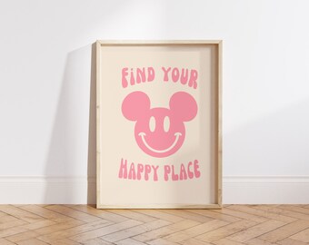 Mickey Smiley Face Print PINK // Find Your Happy Place Printable Art // Retro Smiley Face Downloadable Print // Magic Vintage Style Print