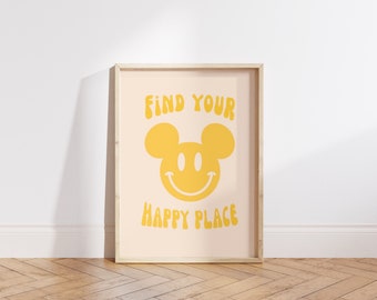 Mickey smiley face print // Find your happy place // Retro smiley face downloadable print // Magic vintage style print // Mouse boho art
