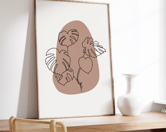 Boho Monstera Leaf Line Art Print (Digital Download)