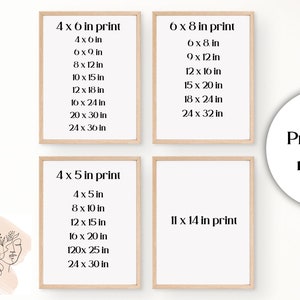 May include: Four framed posters with a white background and black text listing different print sizes in inches. The text on the posters reads "4 x 6 in print", "6 x 8 in print", "4 x 5 in print", and "11 x 14 in print". A white circle with black text reads "Printing ratios".