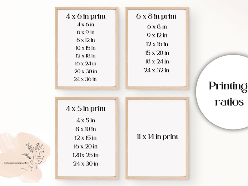 May include: Four framed posters with a white background and black text listing different print sizes in inches. The text on the posters reads "4 x 6 in print", "6 x 8 in print", "4 x 5 in print", and "11 x 14 in print". A white circle with black text reads "Printing ratios".