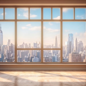 May include: A large window with a view of a city skyline. The window is divided into multiple panes and has a wooden frame. The city skyline is visible through the window, with tall buildings and a clear blue sky.