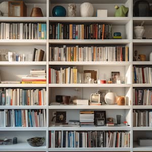 May include: A white bookshelf with multiple shelves filled with books. The shelves are organized by color and size. There are also some decorative items on the shelves, such as vases, sculptures, and plants.