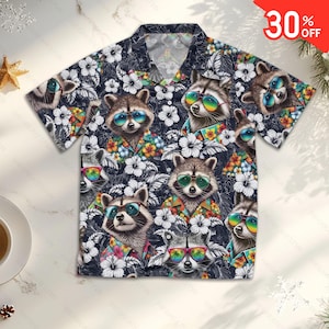 NEW! Tropical Raccoon Hawaiian Shirt Men Women, Hibiscus Raccoon Shirt, Raccoon Button Up, Summer Beach Shirt, Raccoon Lovers, Holiday Trip