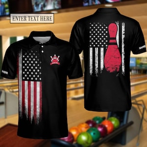 Personalized US Flag Bowling Polo Shirt, Custom Name Bowling Polo Shirt for Team, Bowling Lover Gift, Funny Bowling Uniform, Bowling Players
