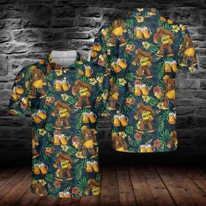 Tropical Bigfoot Beer Polo Shirt, Beer Sasquatch Short Sleeve Shirt, Bigfoot Summer Shirt, Bigfoot Lovers Gifts, Idea Gift for Him