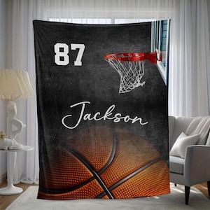 Personalized Basketball Blanket, Custom Name Number Soft Cozy Sherpa Fleece Throw Blankets, Sport Gift for Dad, Husband, Son, Kid, Team