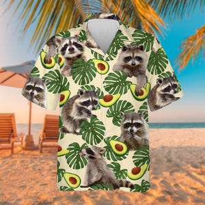 Tropical Raccoon Avocado Hawaiian Shirt, Raccoon Aloha Shirt, Lightweight Short-Sleeve Button-Up, Animal Lovers Shirt, Funny Raccoon Gifts