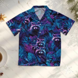 Tropical Raccoon Hawaiian Shirt Men Women, Coconut Raccoon Shirt, Raccoon Button Up, Holiday Summer Beach Short Sleeve Shirt, Raccoon Lovers