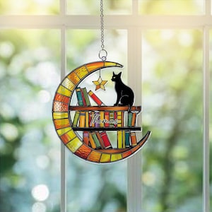 Personalized Black Cat And Book Acrylic Suncatcher, Book Lover Gift, Reading Cat Window Hanging Decor, Cat Lover Gift, Librarian Gift