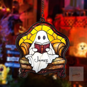 Cute Ghost Reading Book Suncatcher, Funny Ghost on Sofa ACRYLIC Window Hanging, Bookish Lover Gift, Ghost Ornament, Halloween Home Decor