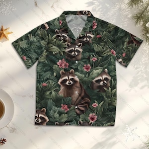 Tropical Raccoon Hawaiian Shirts for Men Women, Cute Raccoon Short-Sleeve Button-Down, Gift for Raccoon Lovers, Raccoon Gifts