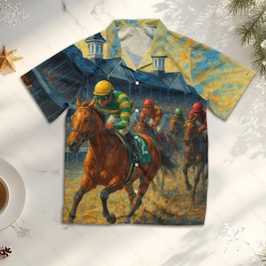kentucky Derby Hawaiian Shirt, Horse Racing Summer Aloha Shirt, Lightweight Short-Sleeve Button-Up,Run For The Rose Shirt,Derby Party Outfit