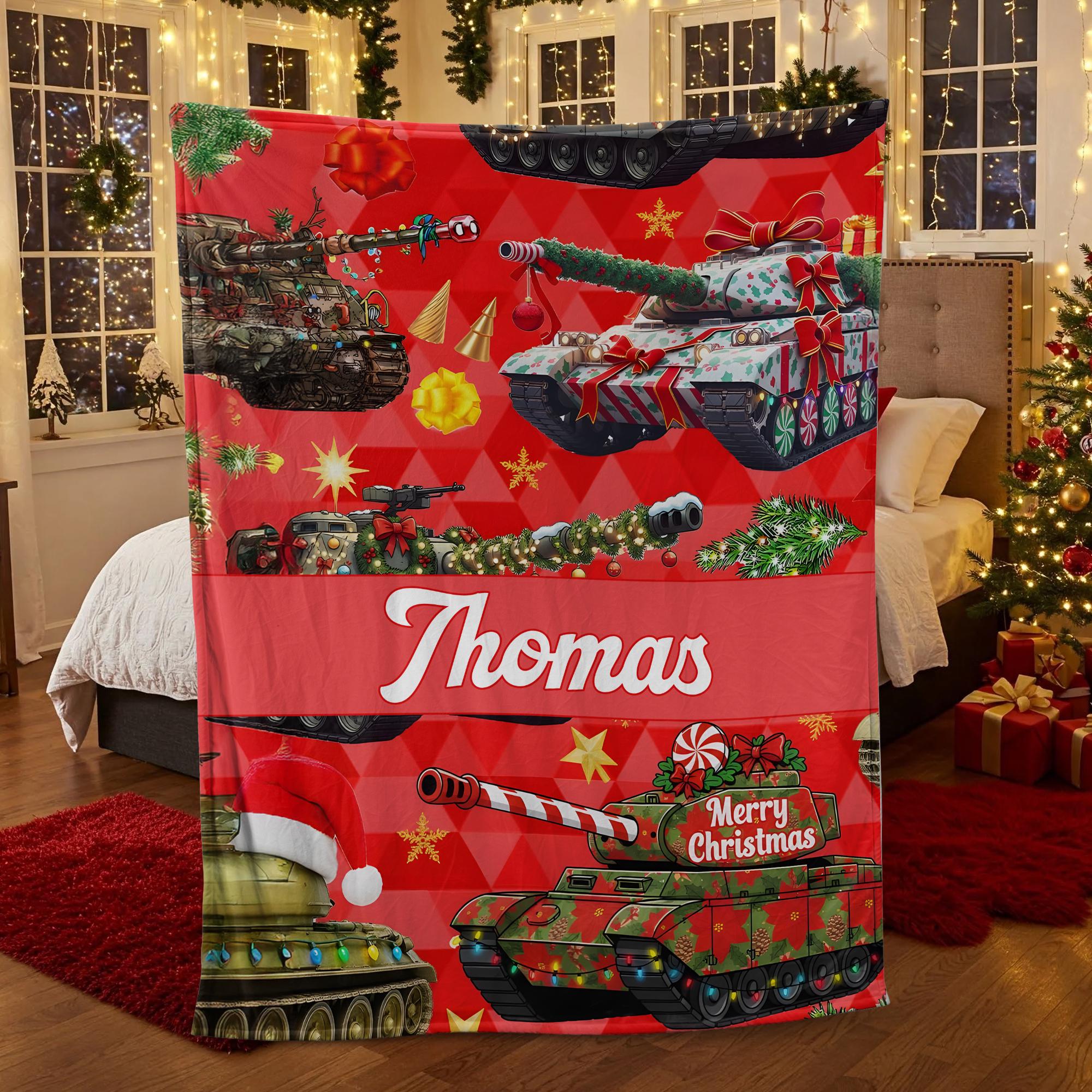 Discover Custom Red Tank Christmas Fleece Blanket for Kids and Family