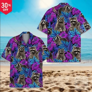 Tropical Raccoon Hawaiian Shirt for Men Women , Funny Beach Vacation Button Down, Summer Animal Aloha Shirt, Gift for Raccoon Lover