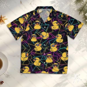 Neon Duck Hawaiian Shirt Men Women Youth, Cute Yellow Ducks Hawaiian Shirt Summer Beach Aloha Short Sleeve Button Down, Duck Lovers Gifts