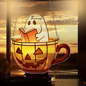 Customized Ghost in Tea Cup Acrylic Suncatcher, Halloween Reading Ornament, Black Cat Pumpkin Window Decor,Spooky Suncatcher,Book Lover Gift