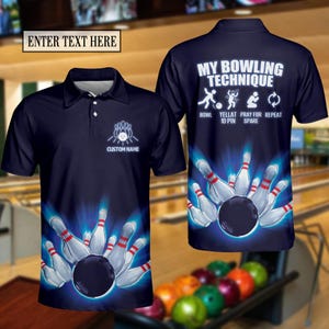 Personalized Blue Bowling Polo Shirt, Custom Name Bowling Polo Shirt for Team, Bowling Lover Gift, Funny Bowling Uniform, Bowling Players