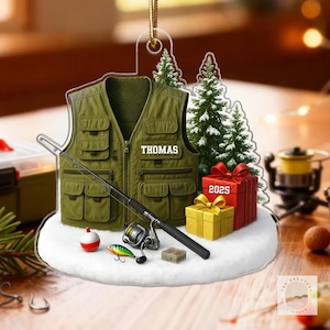 Personalized 2D Flat Acrylic Ornament, Bass Fishing Christmas Ornament, Custom Fishing Tools Keepsake, Fishing Lovers Gifts,Fishing Dad Gift