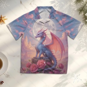 Dragon Rose Hawaiian Shirt, Pinky Dragon Aloha Shirt, Lightweight Short-Sleeve Button-Up, Gift for Dragon Lovers, Dragon Summer Shirt