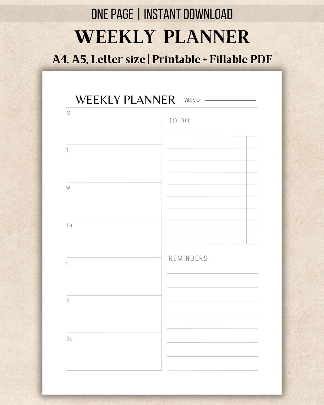 Minimalist Weekly Planner Printable Calendar, Essential Weekly to Do ...