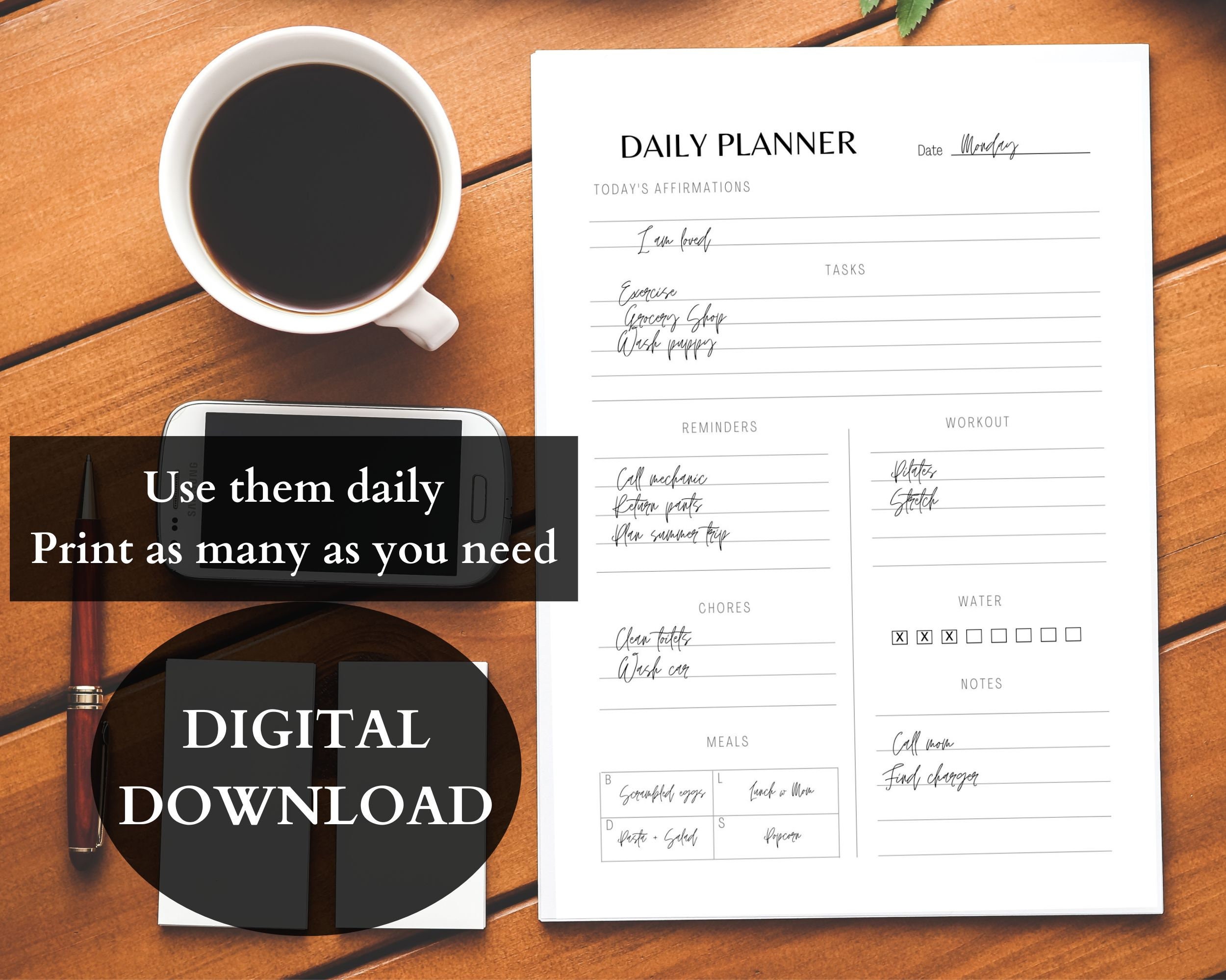 Minimalist Daily Planner Printable Calendar, Essential Daily to Do List ...