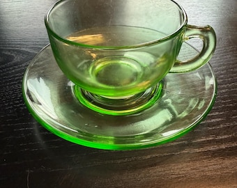 Hazel Atlas Ovide Pattern Green Depression Glass Cup and Saucer Set Uranium - GLOWS