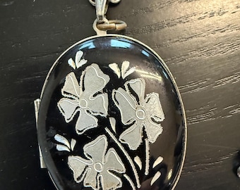 Vintage Eloxal Aluminum Silver & Black Stylized Flowers Locket Pendant Necklace; 26” Monet silver chain
