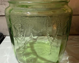 Tarro de cristal de uranio vintage de la época de la Gran Depresión para galletas, marca Anchor Hocking, SIN tapa, 14 cm (5,5 pulgadas)