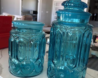 Tarro de cristal vintage L.E. Smith con diseño de luna y estrellas, color azul colonial (grande, mediano)