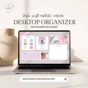 Puede incluir: Una pantalla de computadora portátil que muestra un organizador de escritorio con un esquema de color rosa y blanco. El organizador incluye carpetas, notas, una lista de tareas y un reproductor de música. El reproductor de música está reproduciendo un álbum de Taylor Swift. El texto "BESTDESKTOPORGANIZER" se muestra en la barra de búsqueda en la parte inferior de la pantalla.