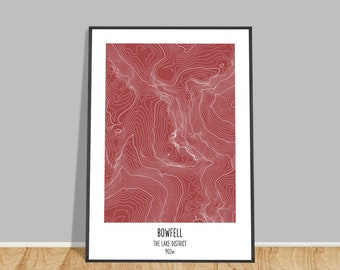 Bowfell Contour Map - Topographic Map Print - Contour Line Print - Bowfell Print - The Lake District - Free Personalisation