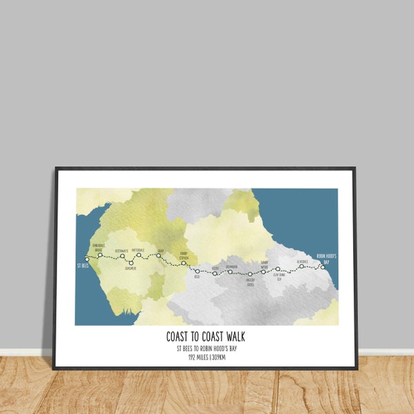 Coast to Coast Print - Coast to Coast Route Map - Long Distance Walk - Hiking Gift - Free Personalisation