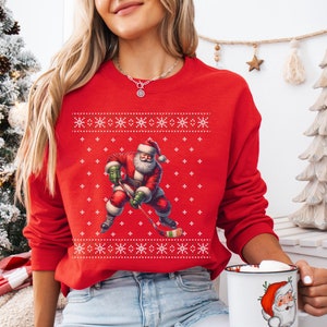 Funny Hockey Christmas Sweatshirt, Ugly Christmas Hockey Sweater, Hockey Santa Christmas Hoodie, Hockey Mom Dad Holiday Shirt, Hockey Gifts