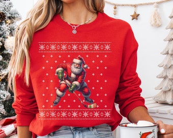 Funny Hockey Santa Christmas Sweatshirt: Holiday Hockey Gift