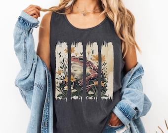 Cottagecore Frog Tank Top: Brushstroke Floral Comfort Colors Tee