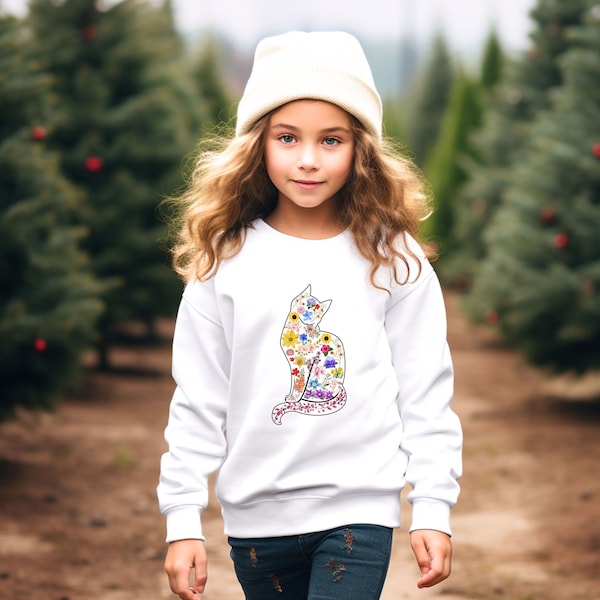 Wildflower Bouquet Cat Youth Sweatshirt, Floral Cat Youth Hoodie, Floral Cat Youth T-Shirt, Cute Cat Sweatshirt for Girls Boys, Kids Tee