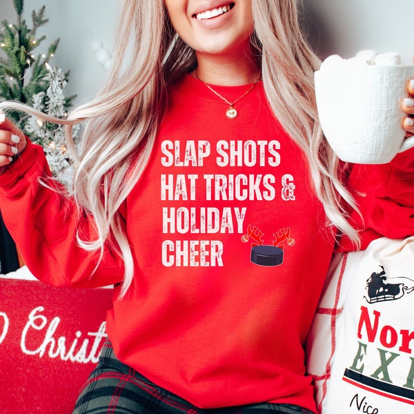 Funny Hockey Christmas Sweatshirt, Slap Shots Hat Tricks & Holiday Cheer Sweatshirt for Hockey Lover, Holiday Sweatshirt for Hockey Mom Dad