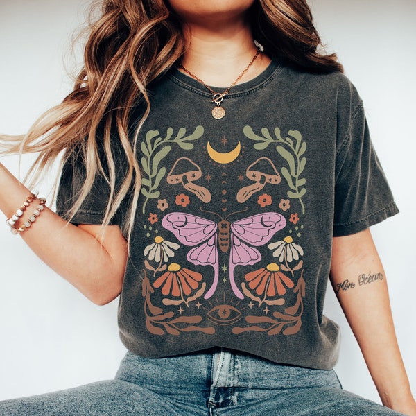 Comfort Colors Luna Moth Shirt, Celestial Witchy Tee, Cottagecore Moon Mushroom Shirt, Dark Academia Moth Shirt, Goblincore Gift