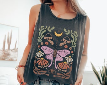 Comfort Colors Luna Moth Tank Top, Celestial Cottagecore Top, Mystical Moon Tank, Green Witch Boho Tank Top, Gift for Her
