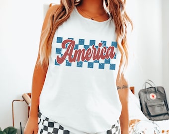 Retro Checkered America Tank Top: Comfort Colors 4th of July