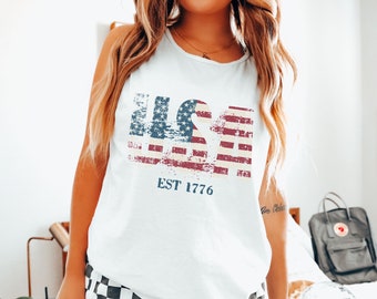 Retro USA Flag Tank Top: Comfort Colors 4th of July Tee