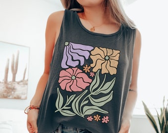 Comfort Colors Retro Floral Tank Top: Garment-Dyed Boho Wildflowers