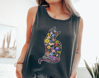 Comfort Colors Floral Cat Tank Top: Wildflower Bouquet, Cottagecore Style