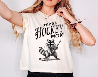 Funny Feral Hockey Mom Comfort Colors Crop Top, Retro Raccoon Boxy Tee, Hockey Mama Gift