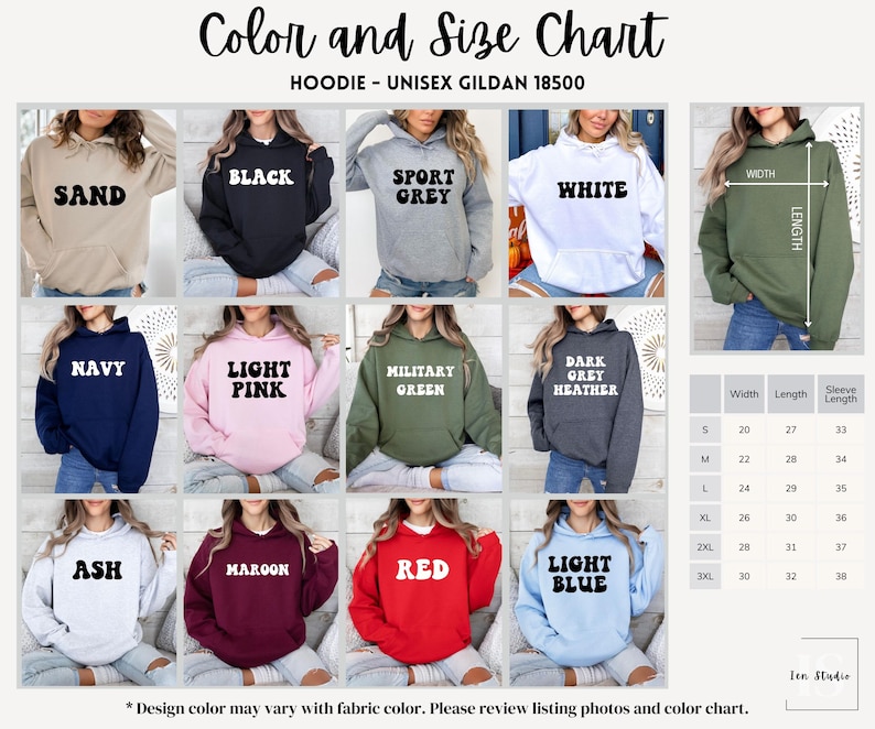 May include: Color and size chart for unisex Gildan 18500 hoodies. The chart shows 15 different color options for the hoodies, including sand, black, sport grey, white, navy, light pink, military green, dark grey heather, ash, maroon, red, and light blue. The chart also includes a size guide with measurements for width, length, and sleeve length in inches.