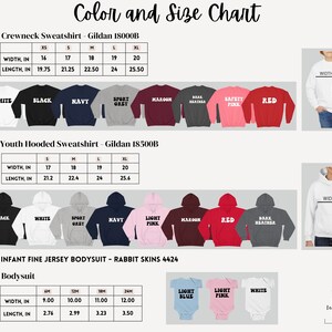 May include: Color and size chart for Gildan crewneck sweatshirts, youth hooded sweatshirts, and infant fine jersey bodysuits. The chart includes measurements in inches for width and length for each size and style. The chart also shows the different colors available for each style.